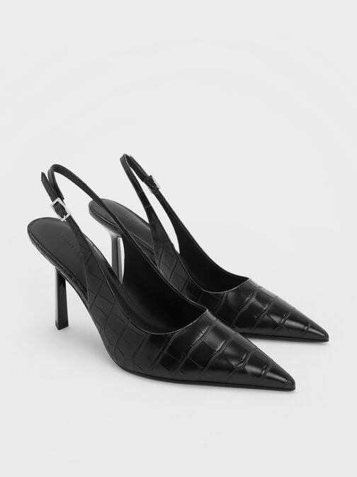 Croc-Effect Pointed-Toe Slingback Pumps, Animal Print Black, hi-res