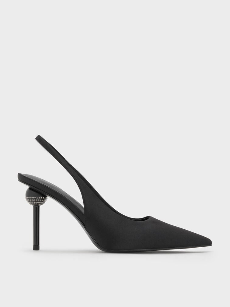 Satin Crystal-Embellished Ball-Heel Pointed-Toe Slingback Pumps, Black Textured, hi-res