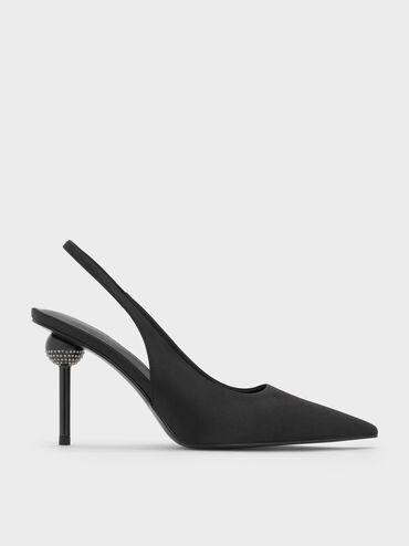 Satin Crystal-Embellished Ball-Heel Pointed-Toe Slingback Pumps, Black Textured, hi-res