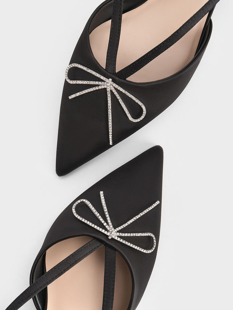 Recycled Polyester Crystal-Bow Kitten-Heel Slingback Pumps, Black Textured, hi-res