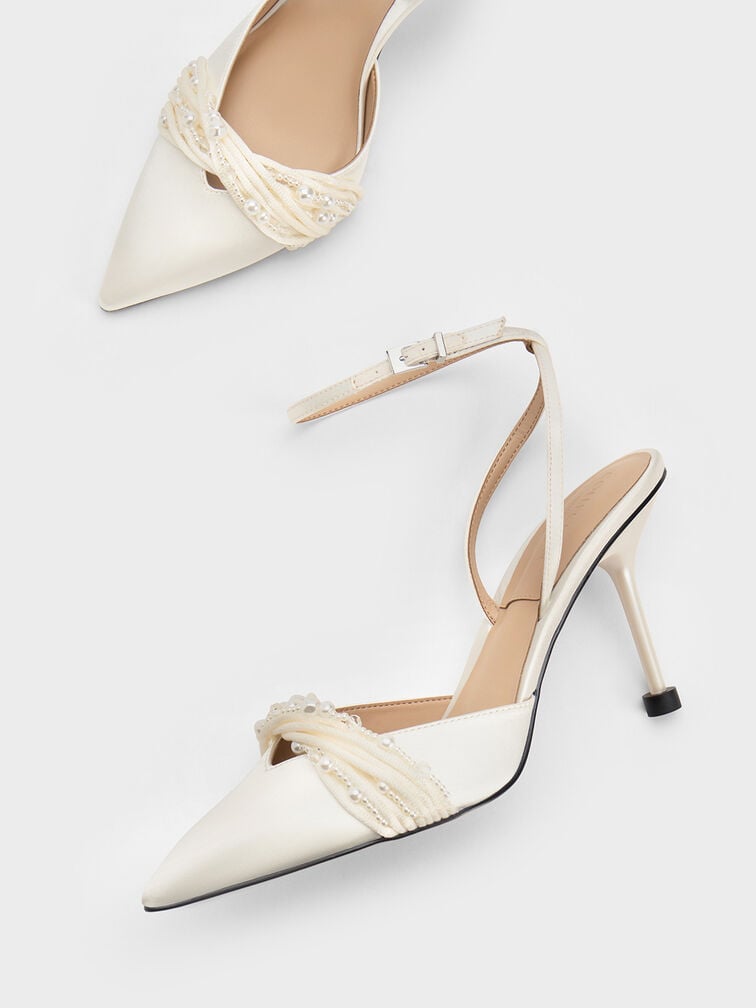 Leda Beaded Satin Ankle-Strap Pumps, White, hi-res