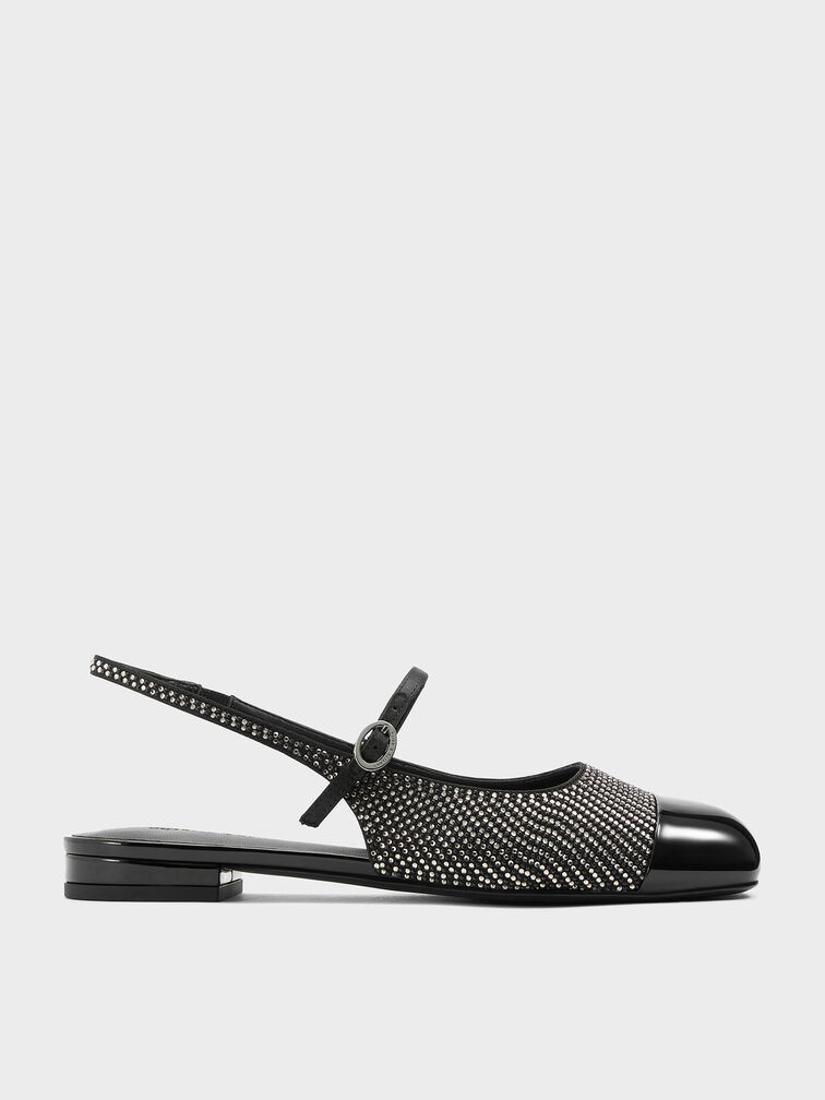 Pearl & Crystal-Embellished Cap-Toe Slingback Mary Jane Flats, Black Textured, hi-res