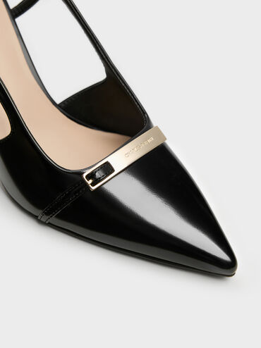 Metallic-Bar Pointed Slingback Pumps, Black Boxed, hi-res