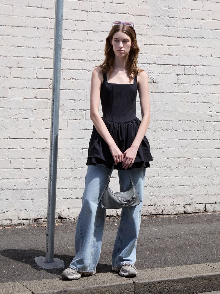 Nylon Chain-Link Trapeze Shoulder Bag, Grey, hi-res