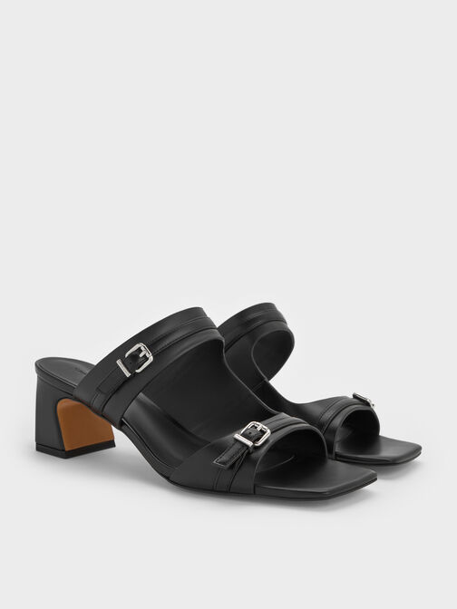 Buckled Double-Strap Heeled Mules, Black, hi-res