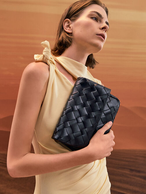 Ivette Woven Front Flap Crossbody Bag, Noir, hi-res