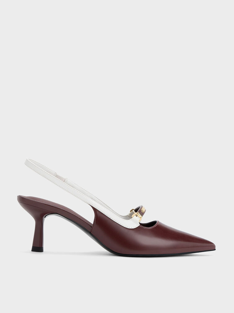 حذاء مفتوح من الخلف بلونين وكعب أنيق وحليات معدنية, ماروني, hi-res