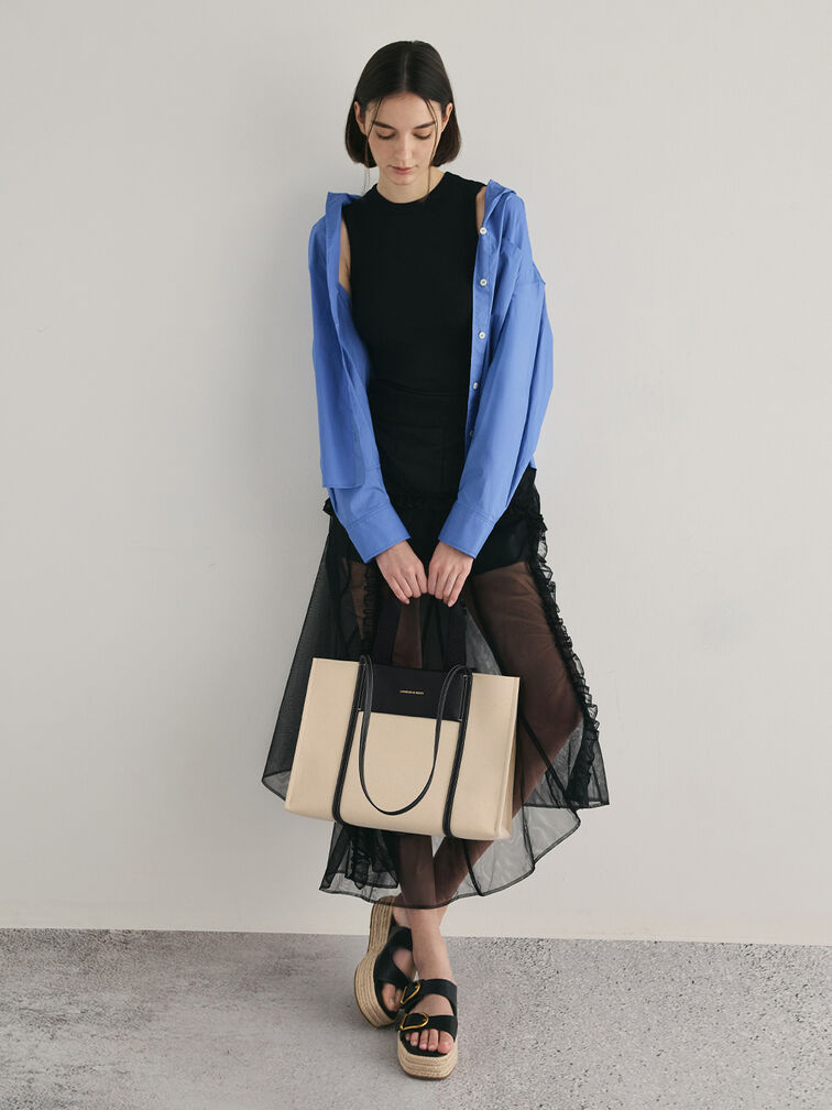 حقيبة توت قماشية كبيرة شاليا, بيج رملي, hi-res