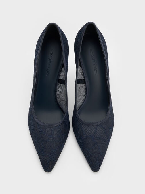 Lace & Satin Stiletto Pumps, Dark Blue, hi-res