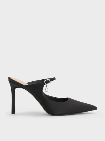 حذاء (مولز) ساتان مفتوح من الخلف، مزوّد بشريط عند الكاحل مزين بكريستالات على شكل دمعة وحزام بمشبك، بكعب طويل ورفيع., أسود خشن, hi-res