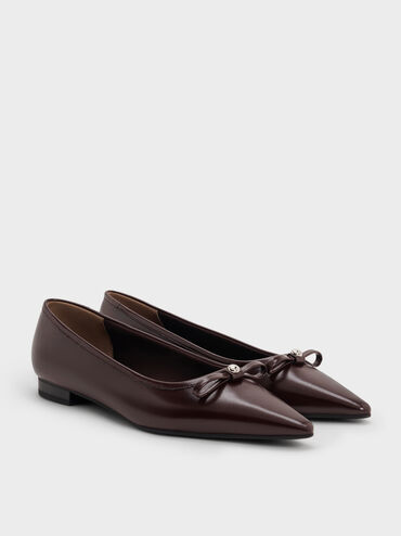 Bow Metallic-Accent Pointed-Toe Ballet Flats, Maroon, hi-res