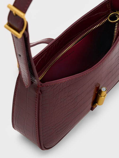Cesia Croc-Effect Metallic-Accent Shoulder Bag, Burgundy, hi-res