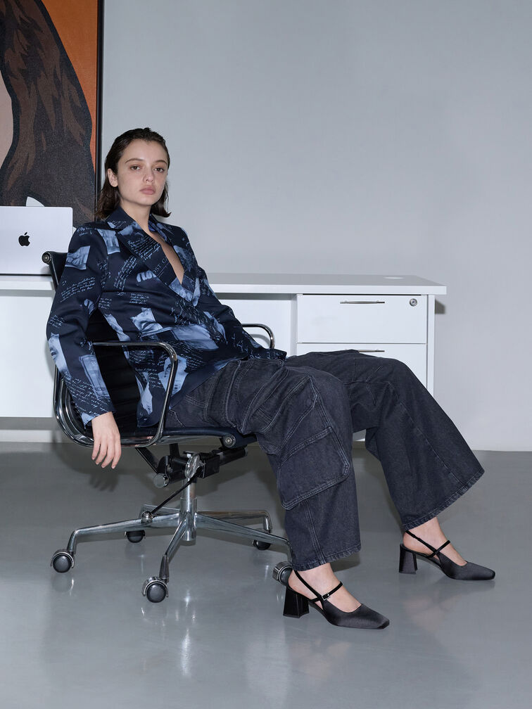 Recycled Polyester Square-Toe Mary Jane Slingback Pumps, Black Textured, hi-res