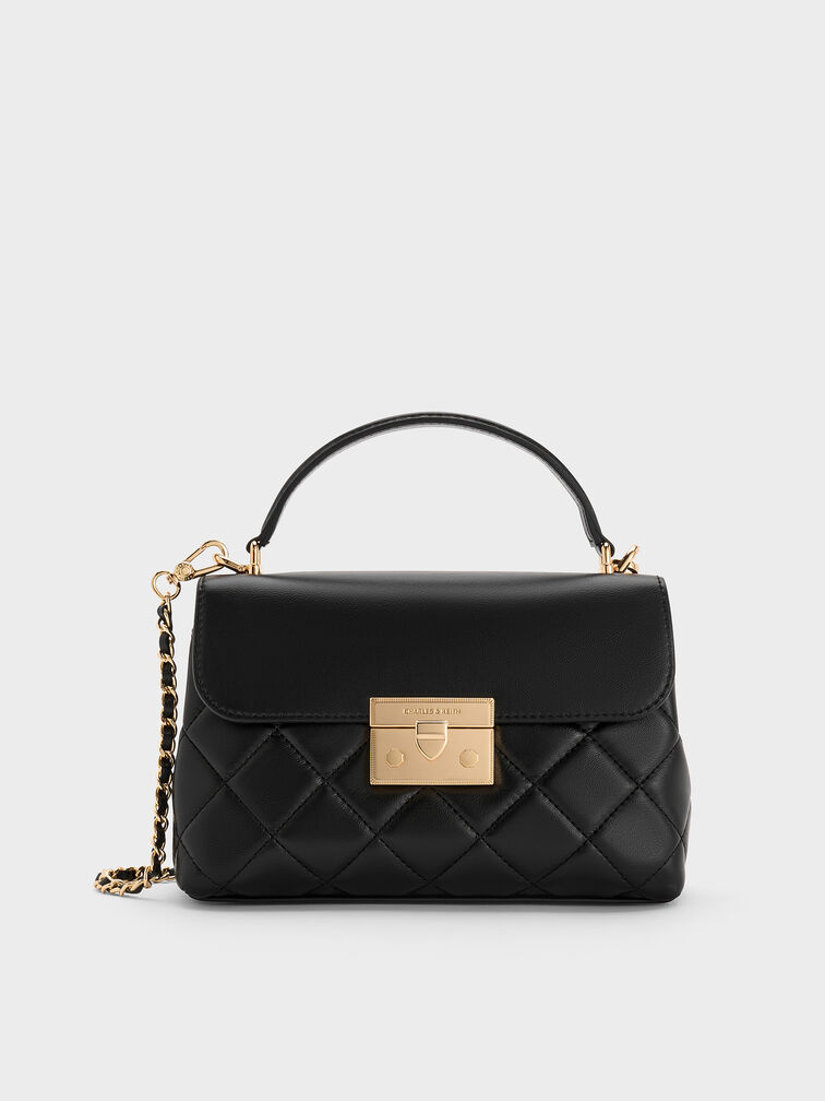 Alva Quilted Top Handle Bag, Black, hi-res