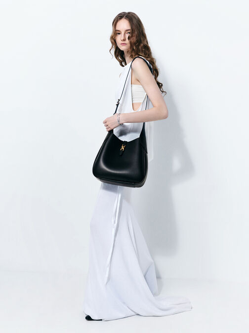 Adalyn Metallic-Buckle Belted Hobo Bag, Black, hi-res