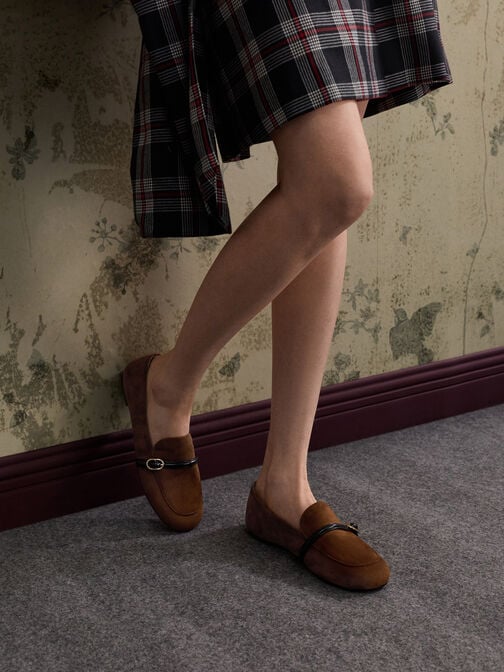 Faux Suede Buckle-Strap Loafers, Brown, hi-res