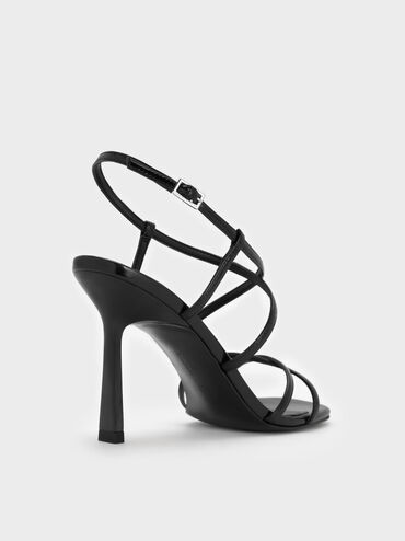 Strappy Crossover Trapeze-Heel Sandals, Black Boxed, hi-res
