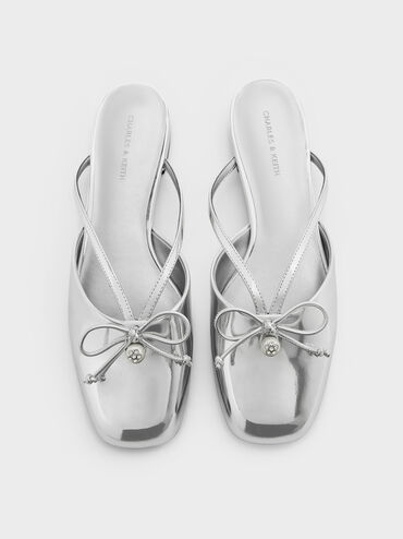 Metallic Pearl-Accent Bow Flat Mules, Silver, hi-res