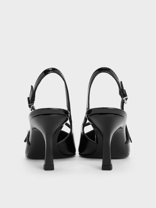 حذاء سلينجباك مفتوح الظهر بكعب عالٍ ومقدمة مدببة وتصميم متقاطع على شكل حرف T, صندوق أسود, hi-res