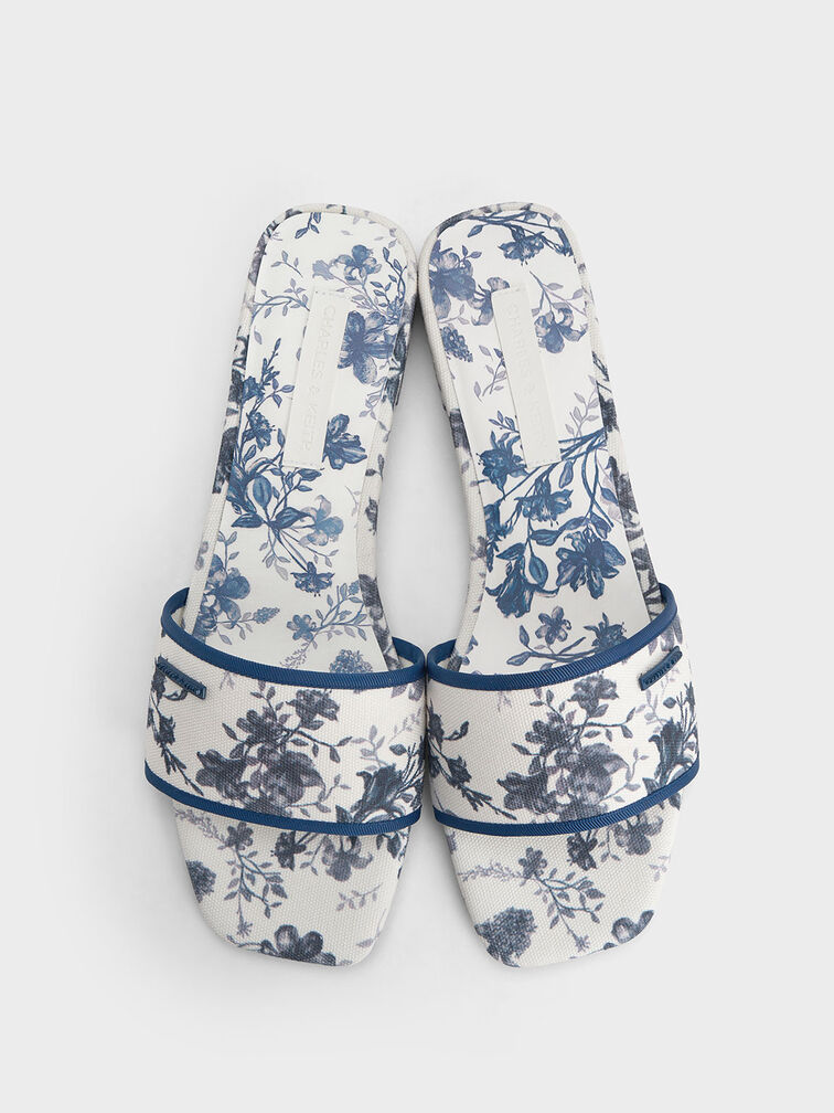 Floral-Print Slide Sandals, Blue, hi-res