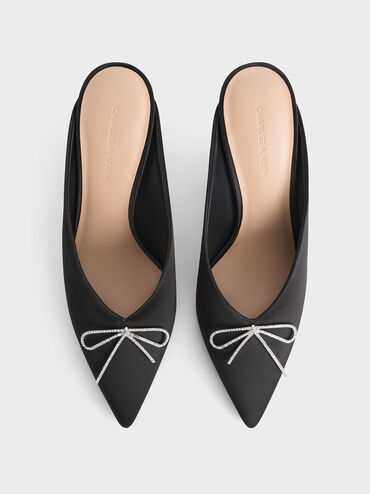 حذاء مفتوح من الخلف بوليستر معاد تدويره  بكعب ومقدمة مدببة مزين بفيونكة كريستالية, أسود خشن, hi-res