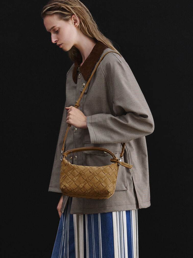 Ivette Recycled Suede Woven Shoulder Bag, Sahara Sand, hi-res