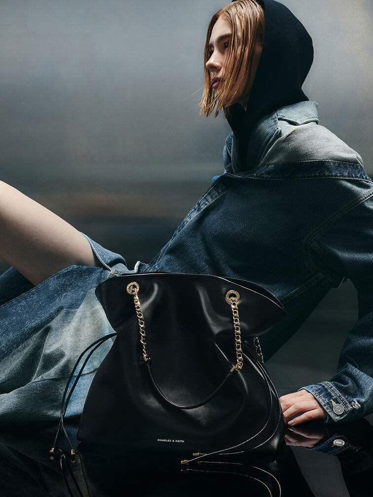 حقيبة توت بحمالة ضفيرة مزدوجة, أسود, hi-res