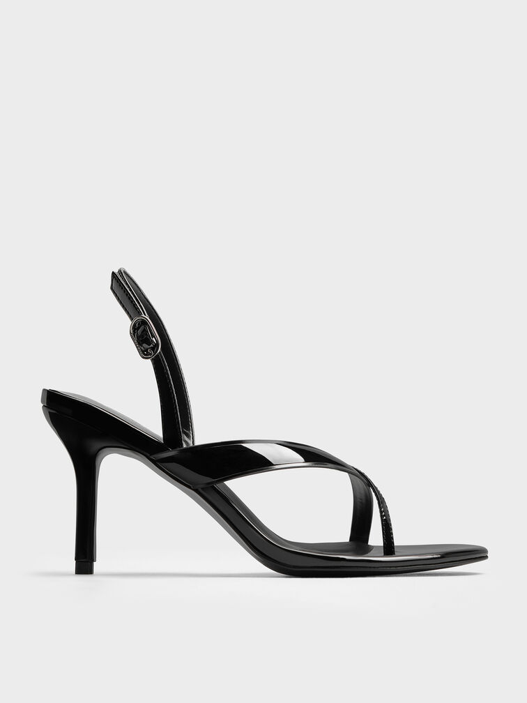صندل ثونغ لامع مكشوف طراز (ثونغ) وكعب ستيليتو وحزام خلفي, أسود براق, hi-res