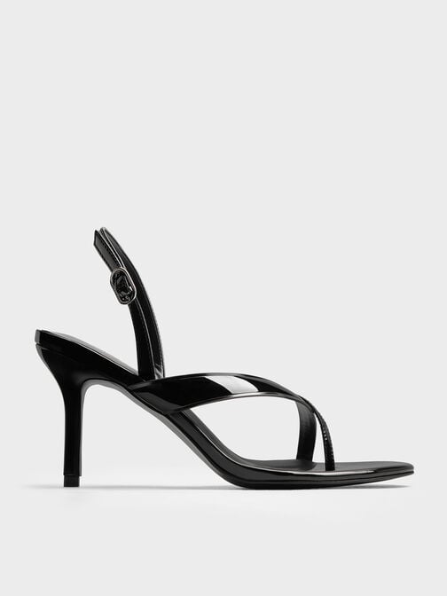 صندل ثونغ لامع مكشوف طراز (ثونغ) وكعب ستيليتو وحزام خلفي, أسود براق, hi-res