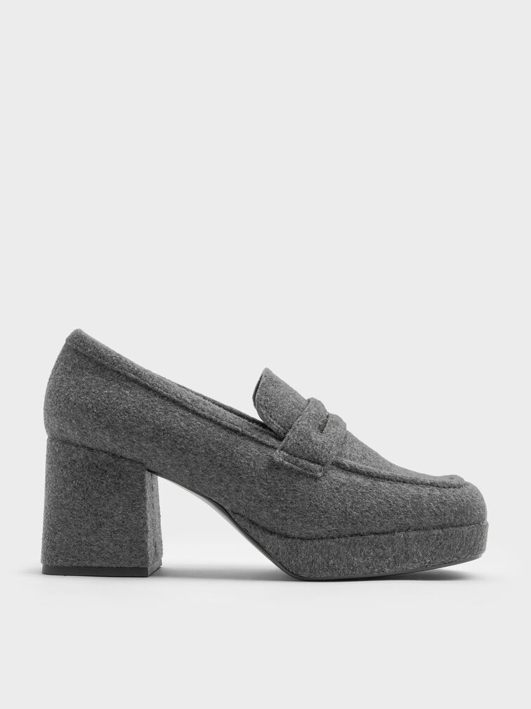 Felt Platform Penny Loafer Pumps, Grey, hi-res