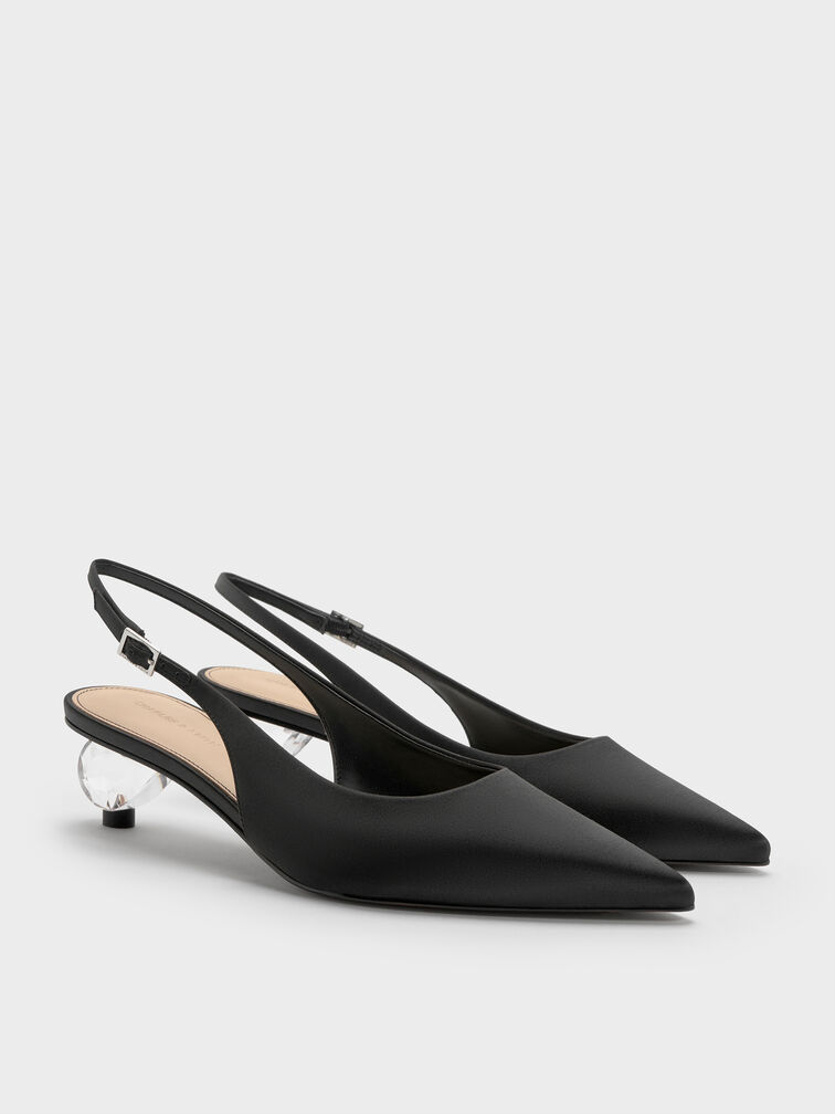 Satin Pointed-Toe Crystal-Heel Slingback Pumps, Black Textured, hi-res