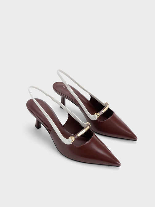 Two-Tone Metallic Accent Slingback Pumps, Maroon, hi-res