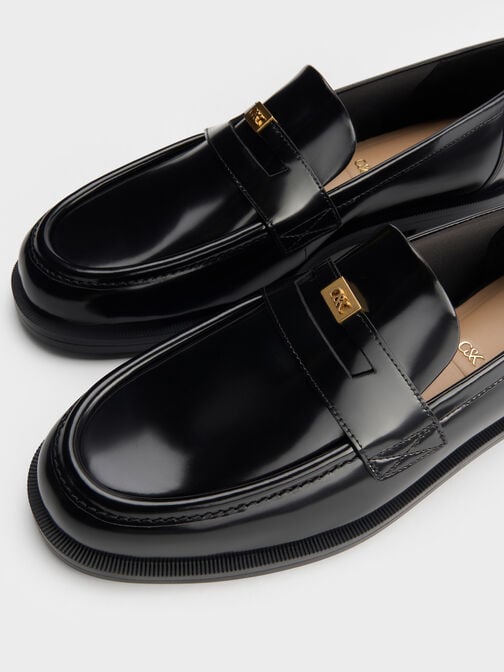 Georgina Leather Metallic-Accent Penny Loafers, Black Boxed, hi-res