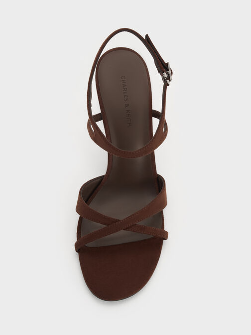 Faux Suede Crossover Stiletto Sandals, Dark Brown Textured, hi-res