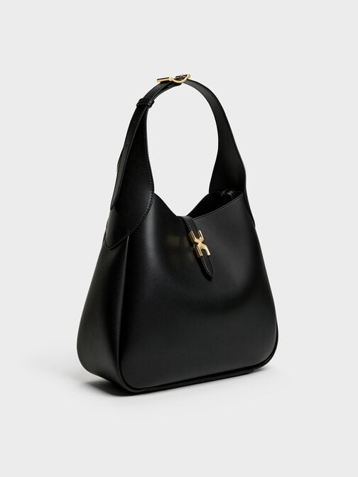 Adalyn Metallic-Buckle Belted Hobo Bag, Black, hi-res
