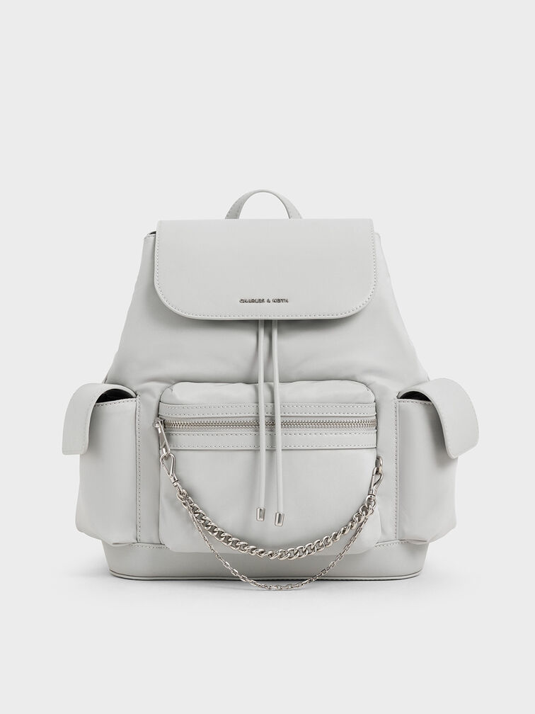 Nylon Puffy Chain-Link Backpack, Light Grey, hi-res