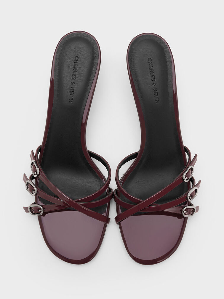 حذاء ميول من الجلد اللامع بكعب القطة وأحزمة متقاطعة بإبزيم, برغندي, hi-res