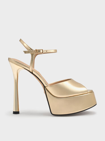 Francesca Metallic Leather Peep-Toe Platform Heels, Gold, hi-res