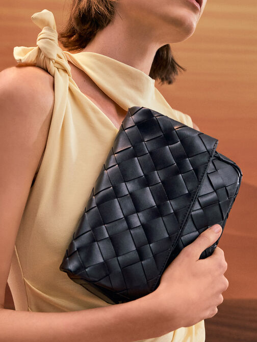 Ivette Woven Front Flap Crossbody Bag, Noir, hi-res