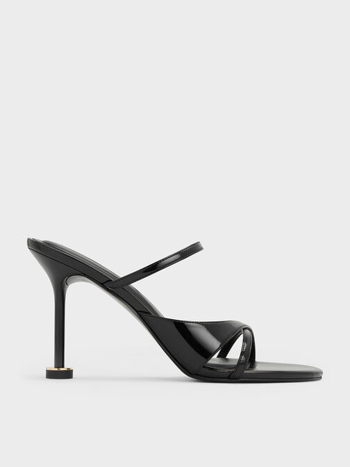 Wynn Patent Crossover Sculptural-Heel Strappy Mules, Black Patent, hi-res