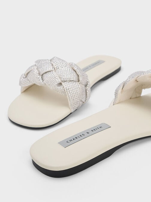 Gem-Embellished Braided Strap Slides, Cream, hi-res
