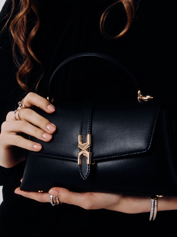 شنطة يد أدالين بمشبك معدني وحزام سلسلة, أسود, hi-res