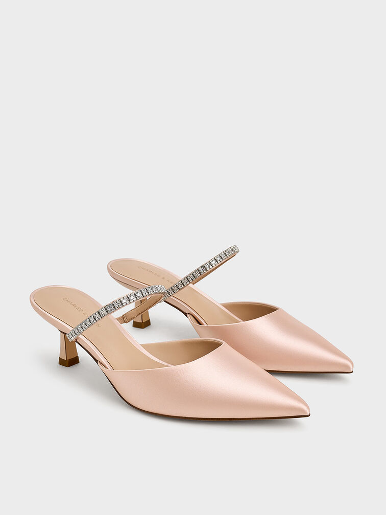 Ambrosia Satin Gem-Embellished Pointed-Toe Mules, Light Pink, hi-res