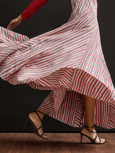 Satin Strappy Stiletto-Heel Sandals, Black Textured, hi-res