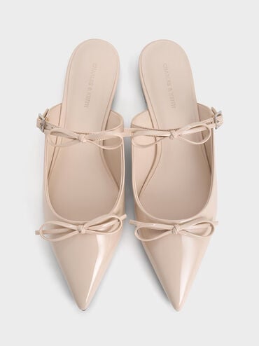 Patent Double-Bow Pointed-Toe Mules, Nude, hi-res