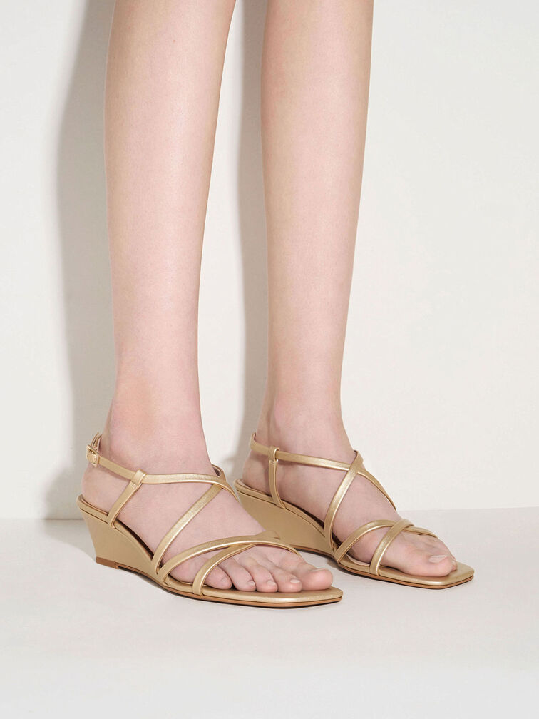Strappy Wedge Sandals, Gold, hi-res