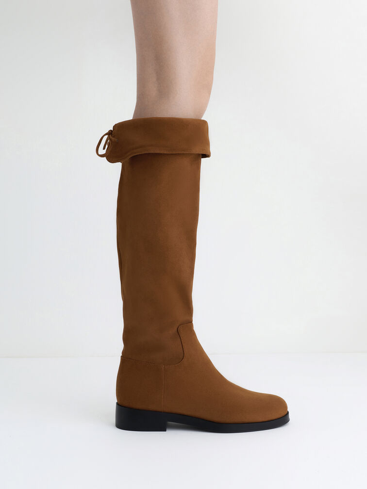 Faux Suede Fold-Over Thigh-High Boots, Brown, hi-res