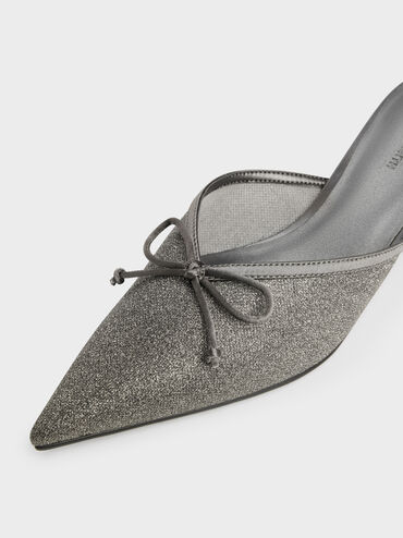 حذاء بكعب قصير وفيونكة من القماش الشبكي اللامع, رمادي, hi-res