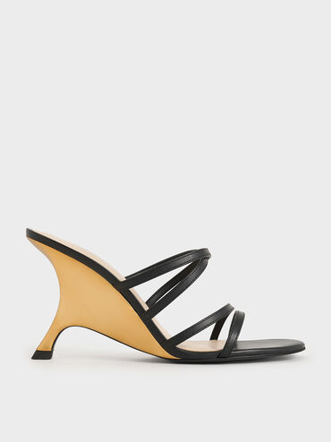 Strappy Sculptural-Heel Mules, Black, hi-res