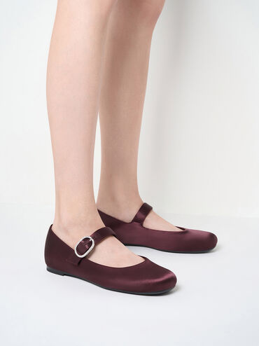 Jannie Satin Crystal-Buckle Mary Janes, Burgundy, hi-res
